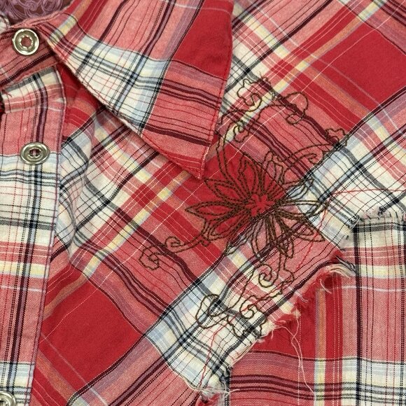 Roar Pearl Snap Embroidered Pink Plaid Long Sleeve Rockabilly Womens Shirt Sz XL - Picture 5 of 10